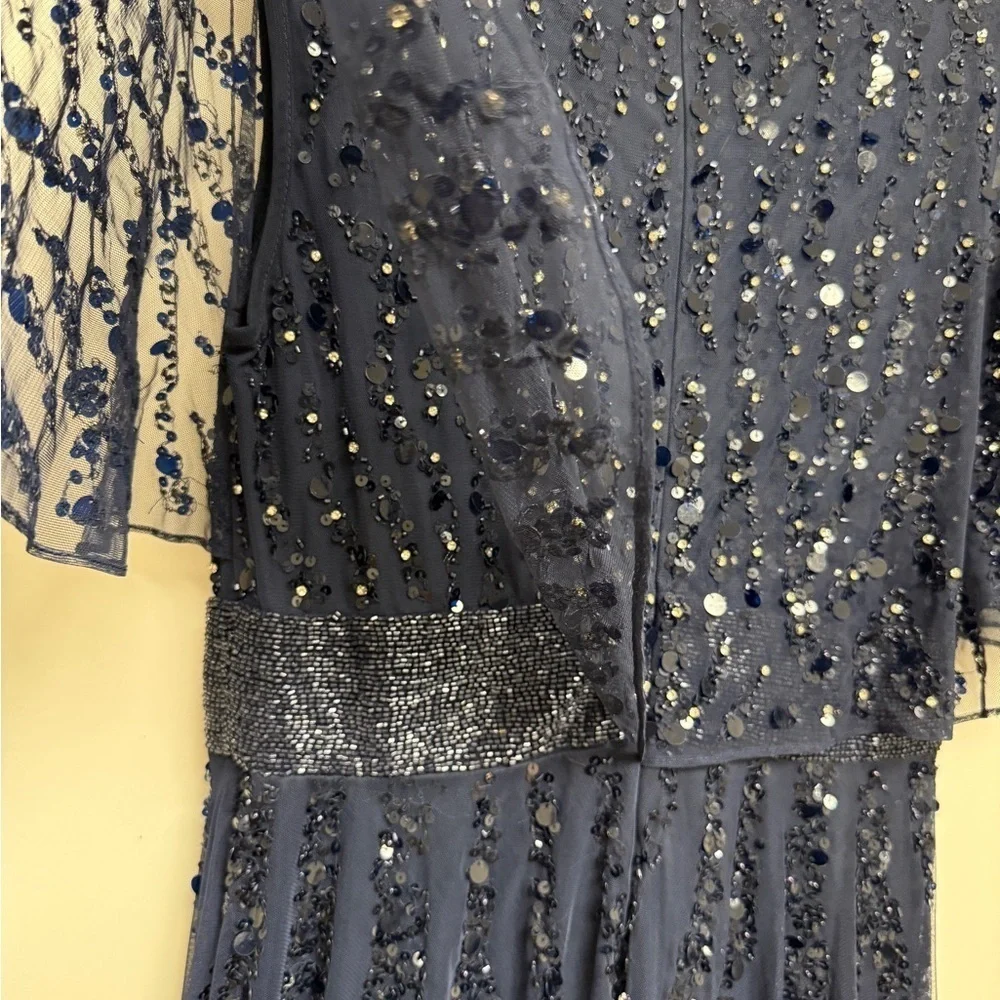NWT | Mac Duggal Blue 93784 Midnight Blue Maxi Gown Flutter Sleeves Size 10 - Picture 12 of 15